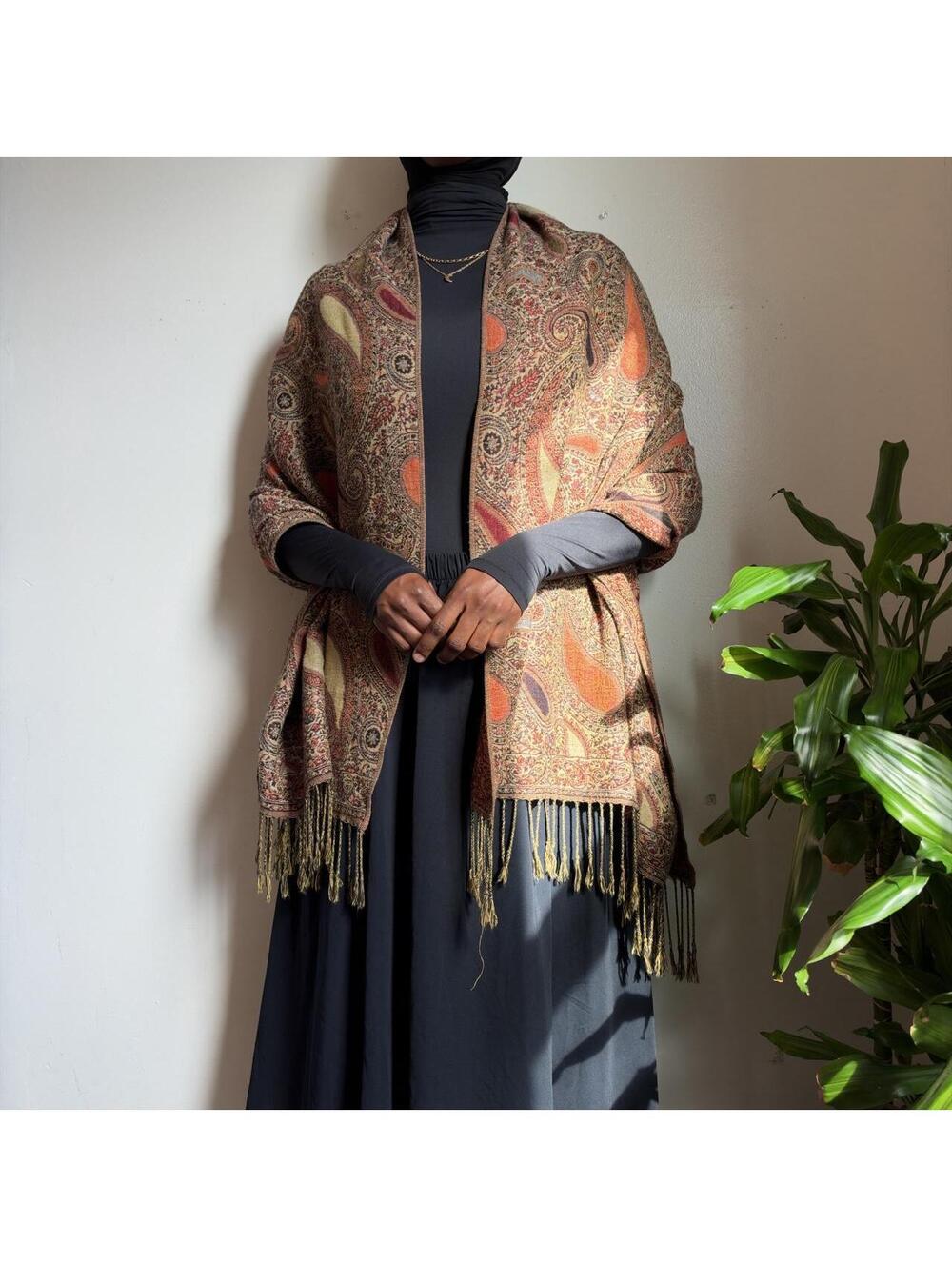 Paisley Pashmina boho Wrap Shawl reversible scarf with Fringe Rust Gold